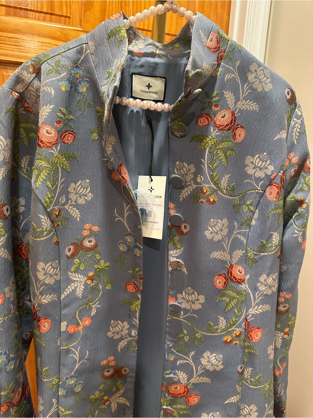 Light Blue Floral Long Coat- Will fit more Sz Large/ XL - Picture 8 of 16